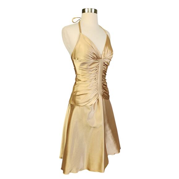 Jessica McClintock Womens Vintage Halter Dress Size 4 Gold Y2K Ruched Drop Waist - Picture 2 of 16